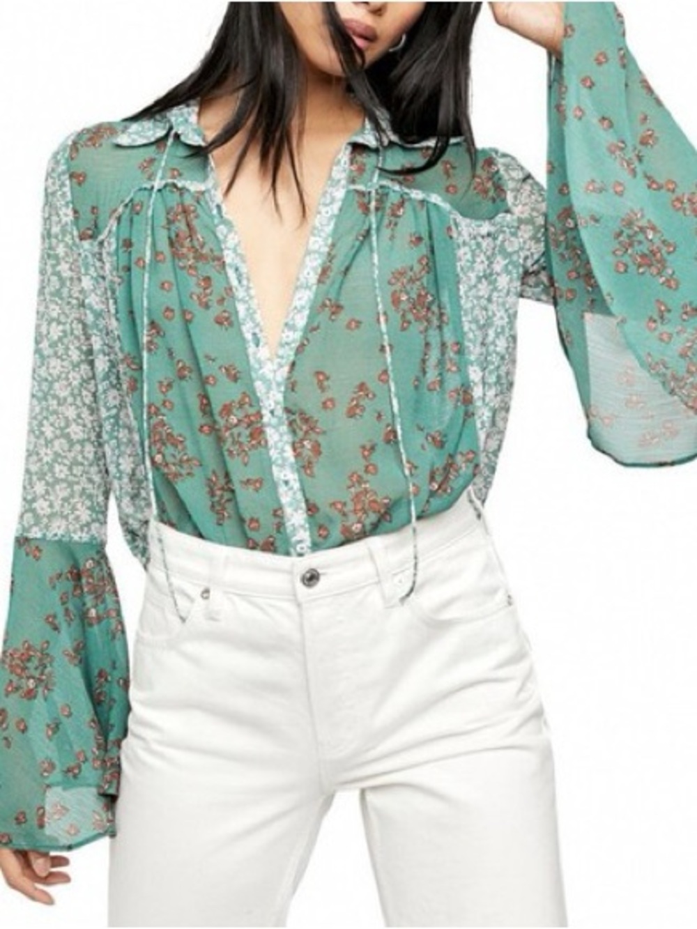 Free People Serena Emerald Green Sheer Floral Blouse Size Medium